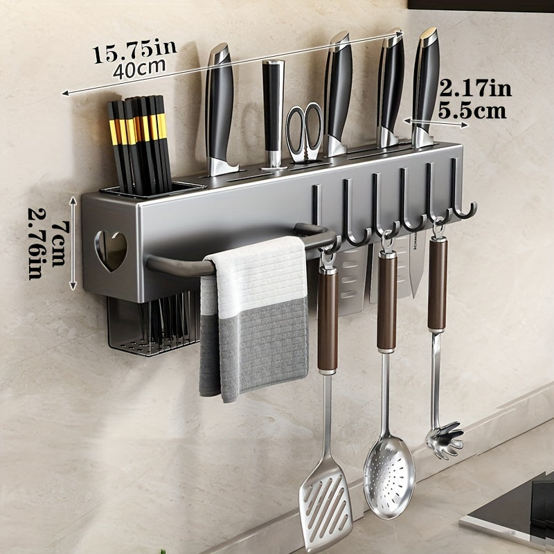 Wall-Mounted Kitchen Organizer No Drilling Knife Utensil Holder Multi-Functional Storage