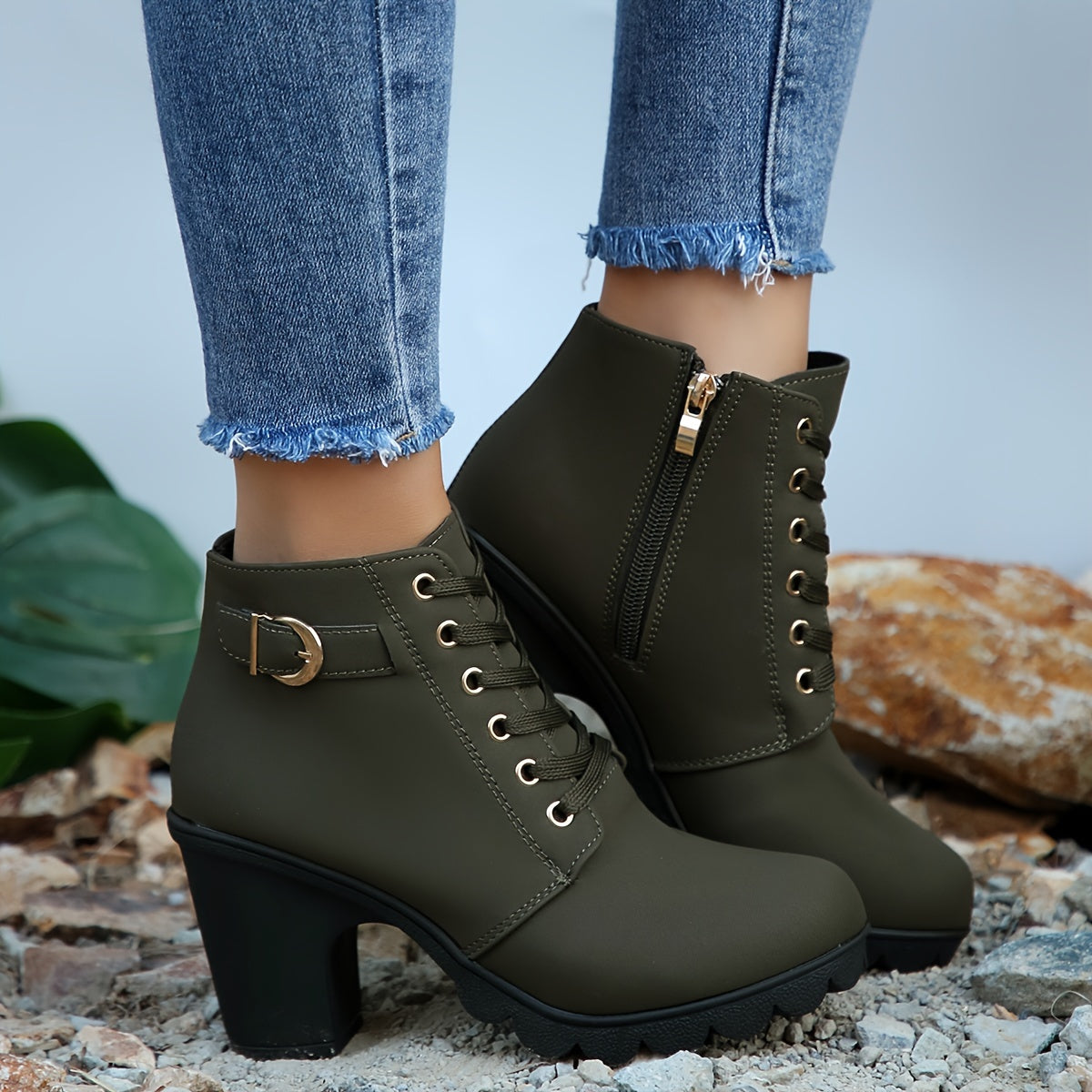 Women's Chunky Heeled Ankle Boots Solid Color Lace Up Side Zipper Retro Short Boots
