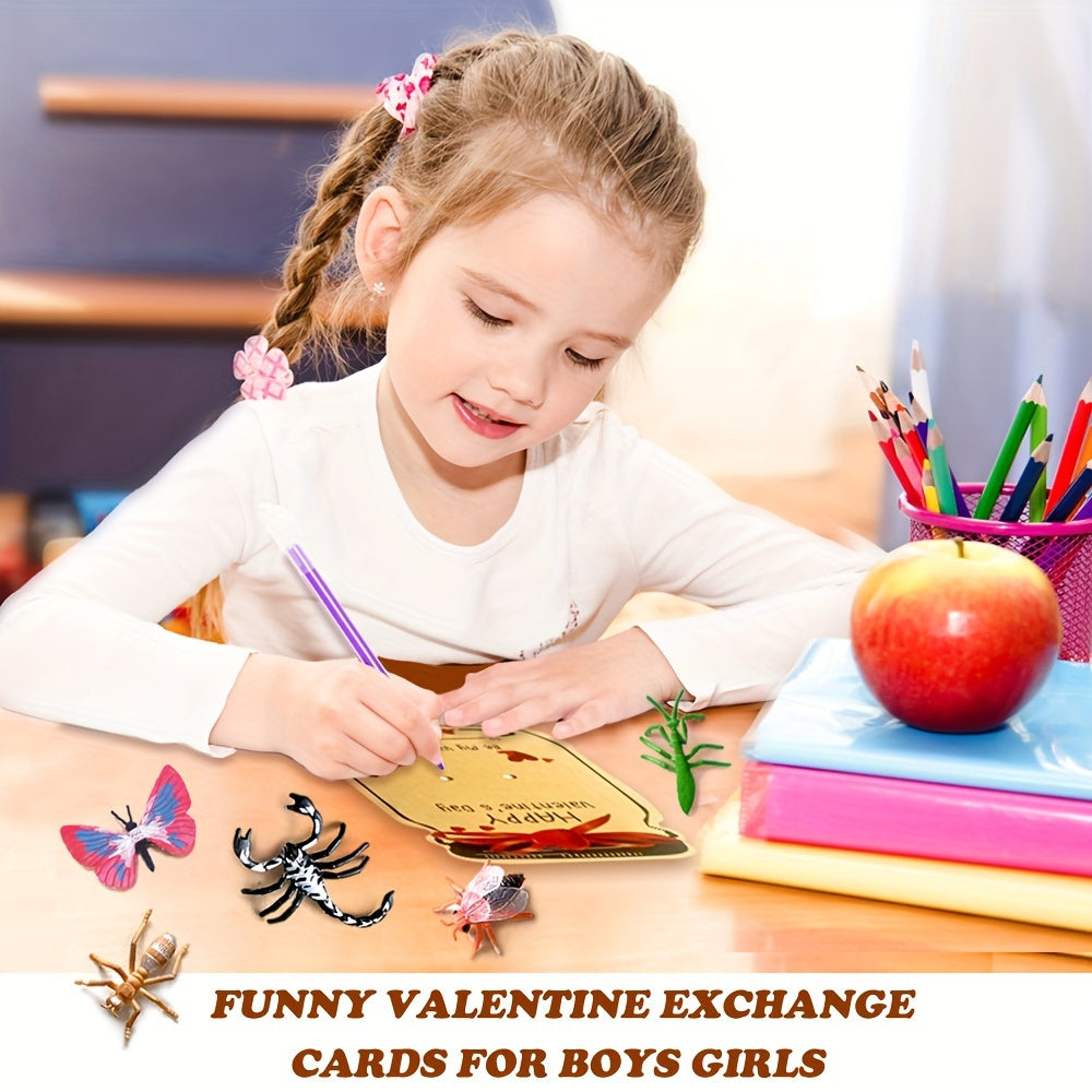 Kids Valentine's Day Cards Set of 12 with Insect Toys and Exchange Cards for Classroom Gifts