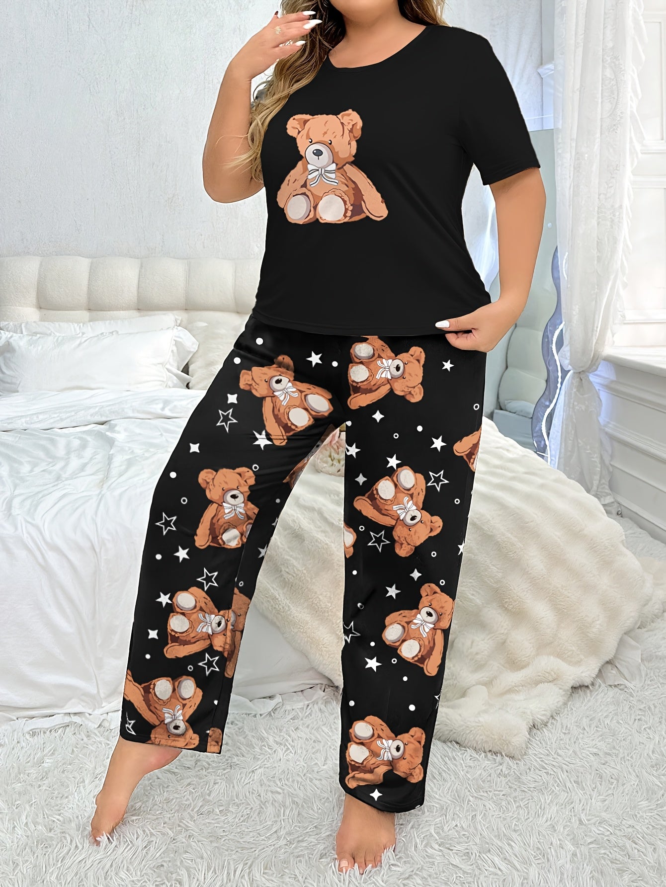 Women's Plus Size Pajama Set Short Sleeve Bear Print Stretch Knit All-Season