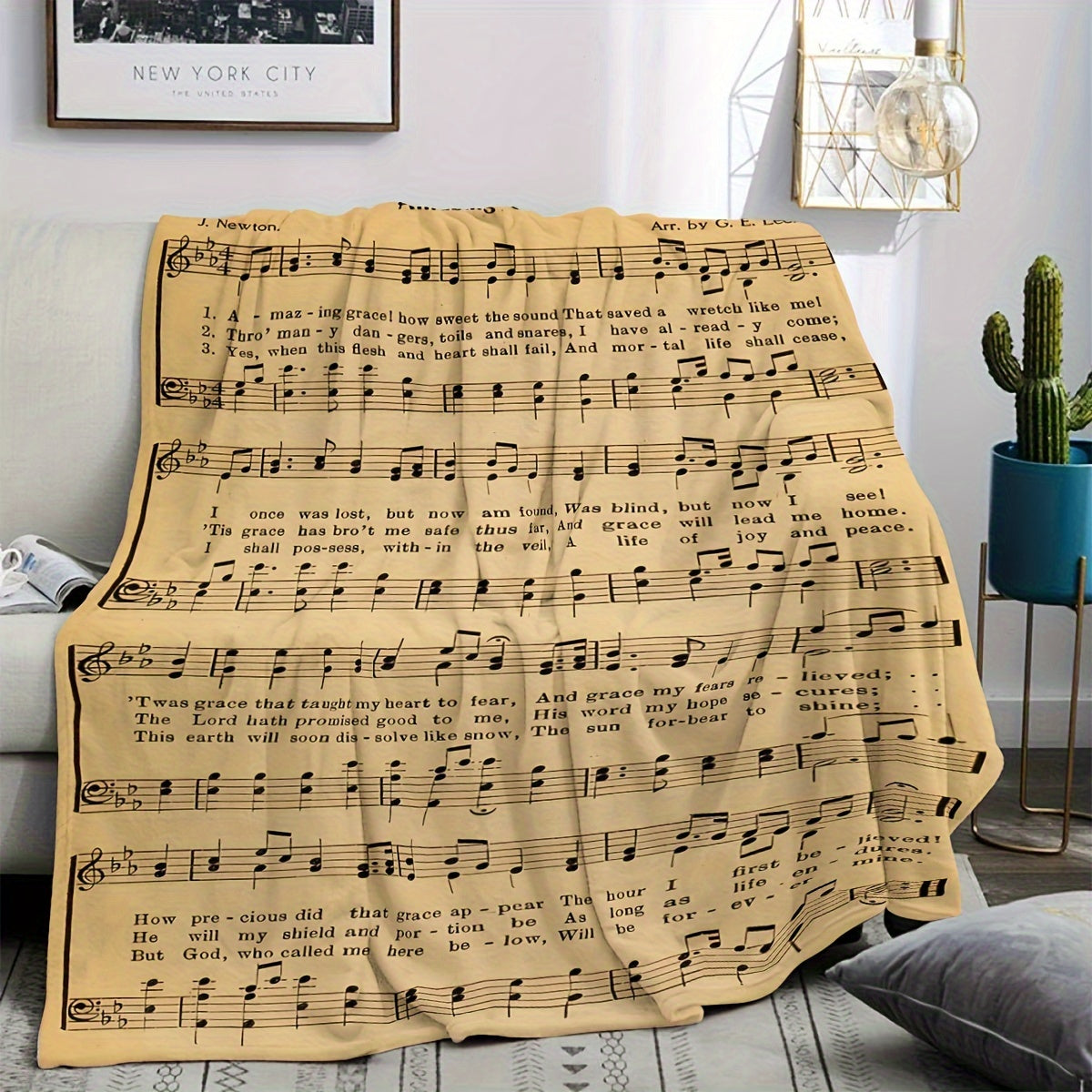 Soft Polyester Fleece Throw Blanket with "Amazing Grace" Lyrics Music Score Print All-Season Decorative Nap Blanket for Home Office