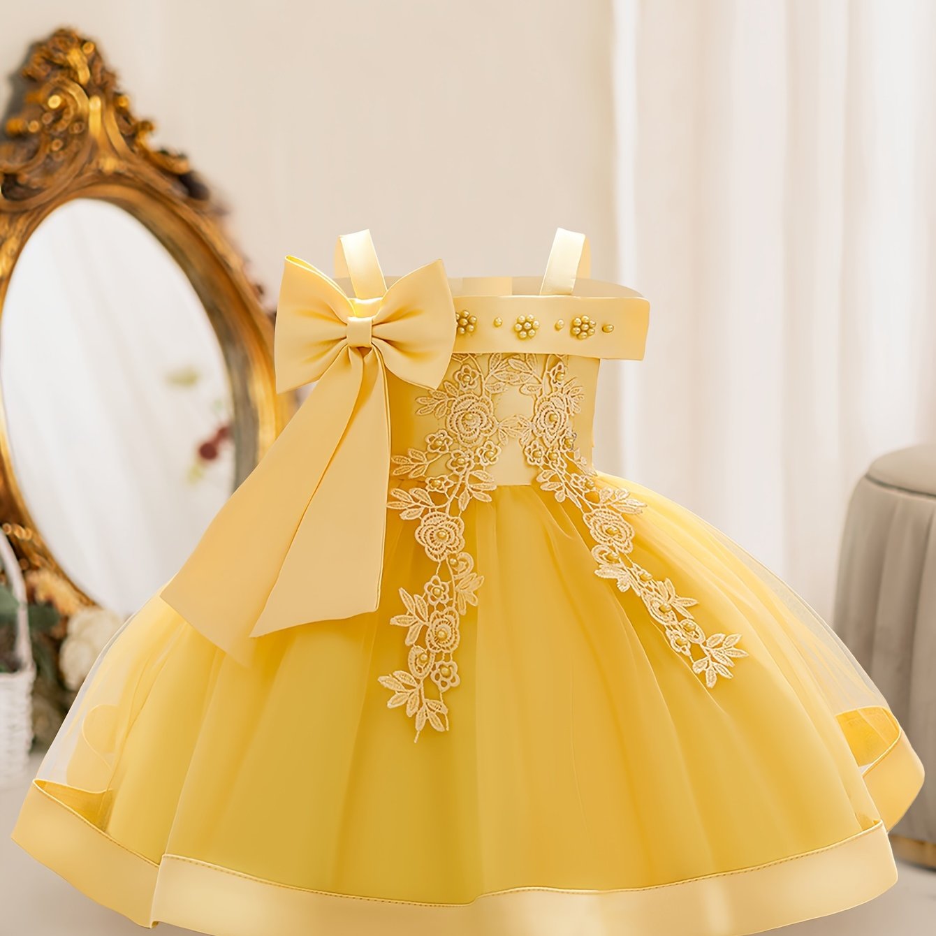 Girls Sleeveless Flower Embroidered Midi Dress with Bowknot for Formal Parties