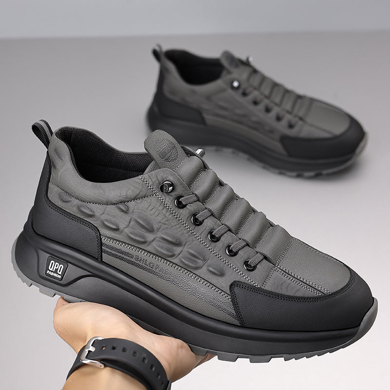 Men's Leather Casual Sneakers Black Gray Crocodile Pattern Rubber Sole Lace-Up Low Top