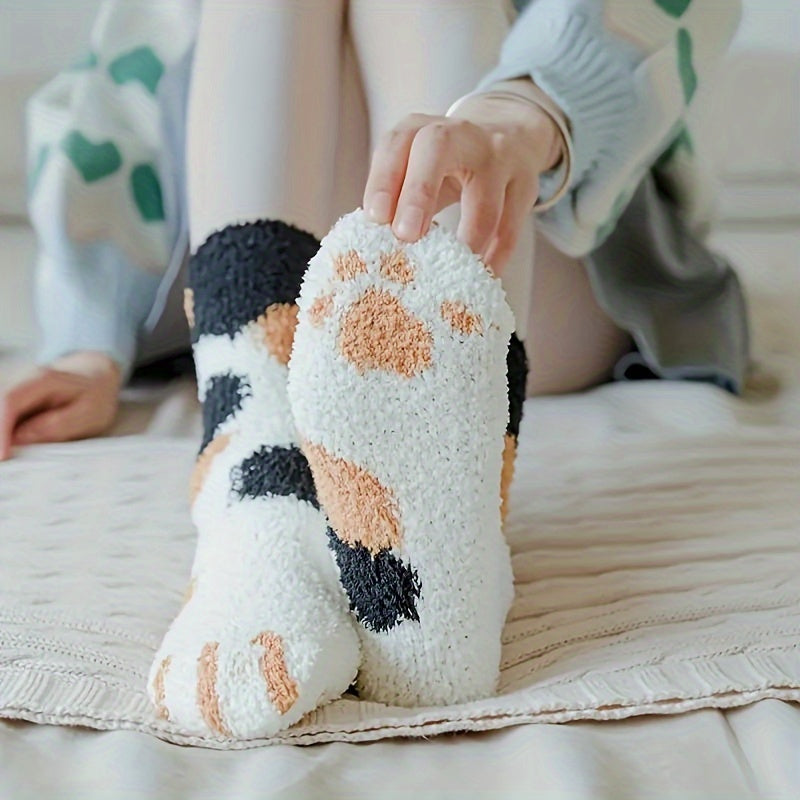 Women's Cat Paw Print Slipper Socks Cozy Coral Fleece Cartoon Pattern Hand Washable