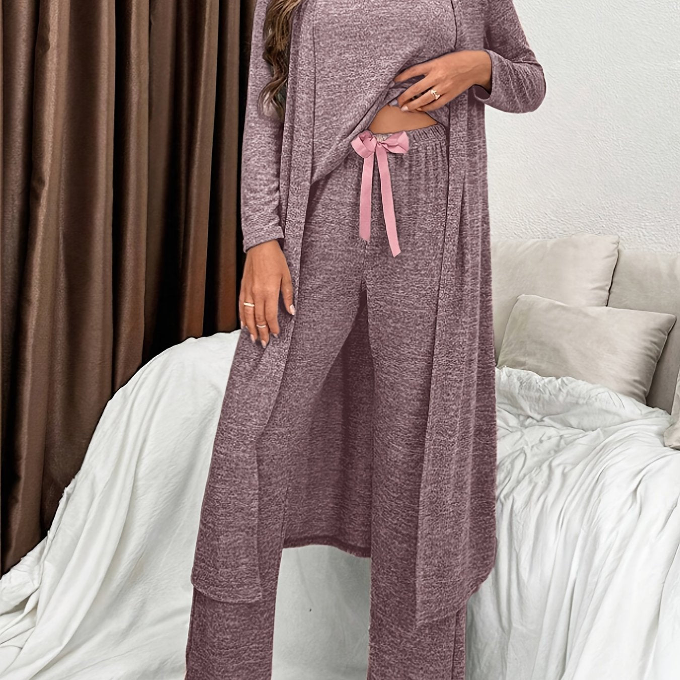 Heather Gray 3-Piece Loungewear Set V-Neck Cardigan Knit T-Shirt Joggers with Bow Fall Winter