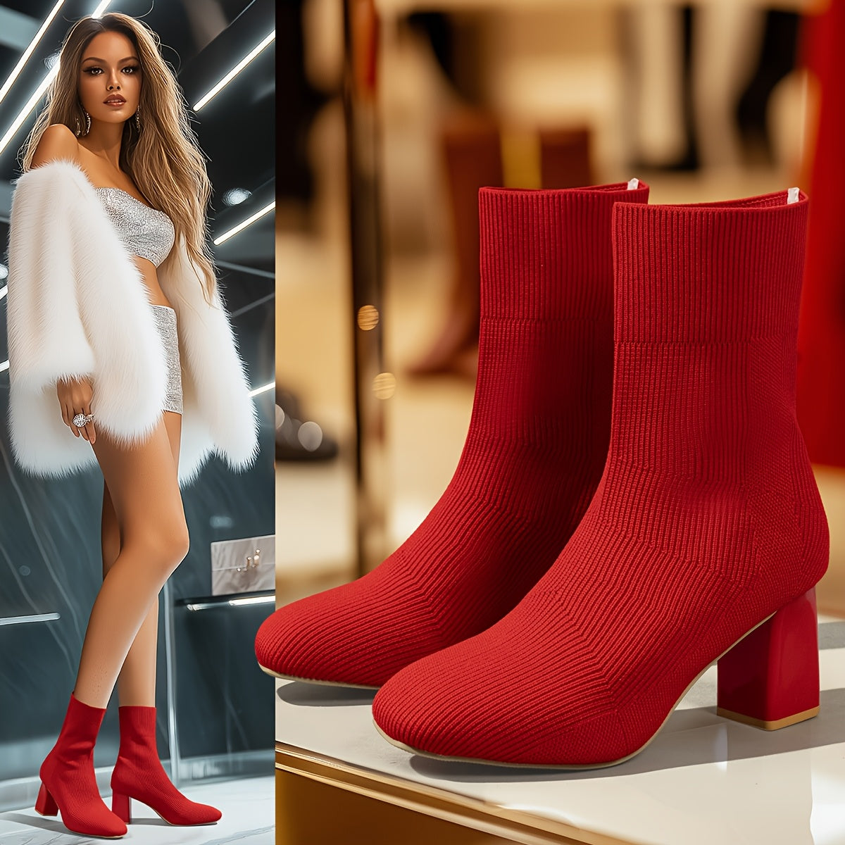 Women's Knitted Slip-On Boots with Chunky Heel and Point Toe