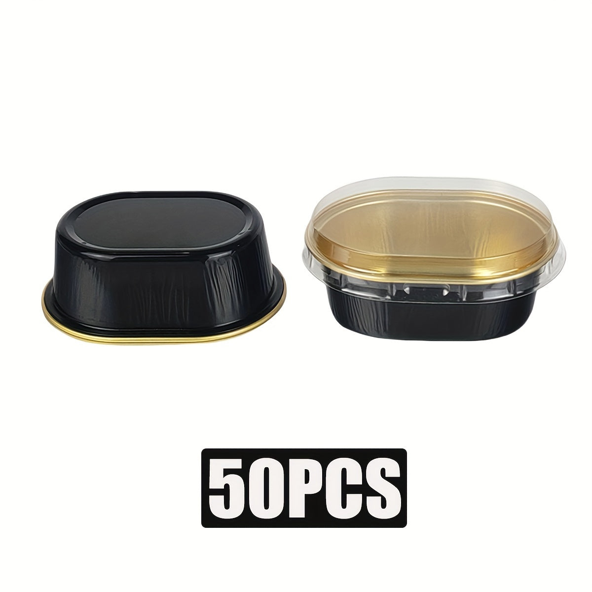 Molde de aluminio en oro y negro con tapas transparentes para mini cheesecakes y cupcakes