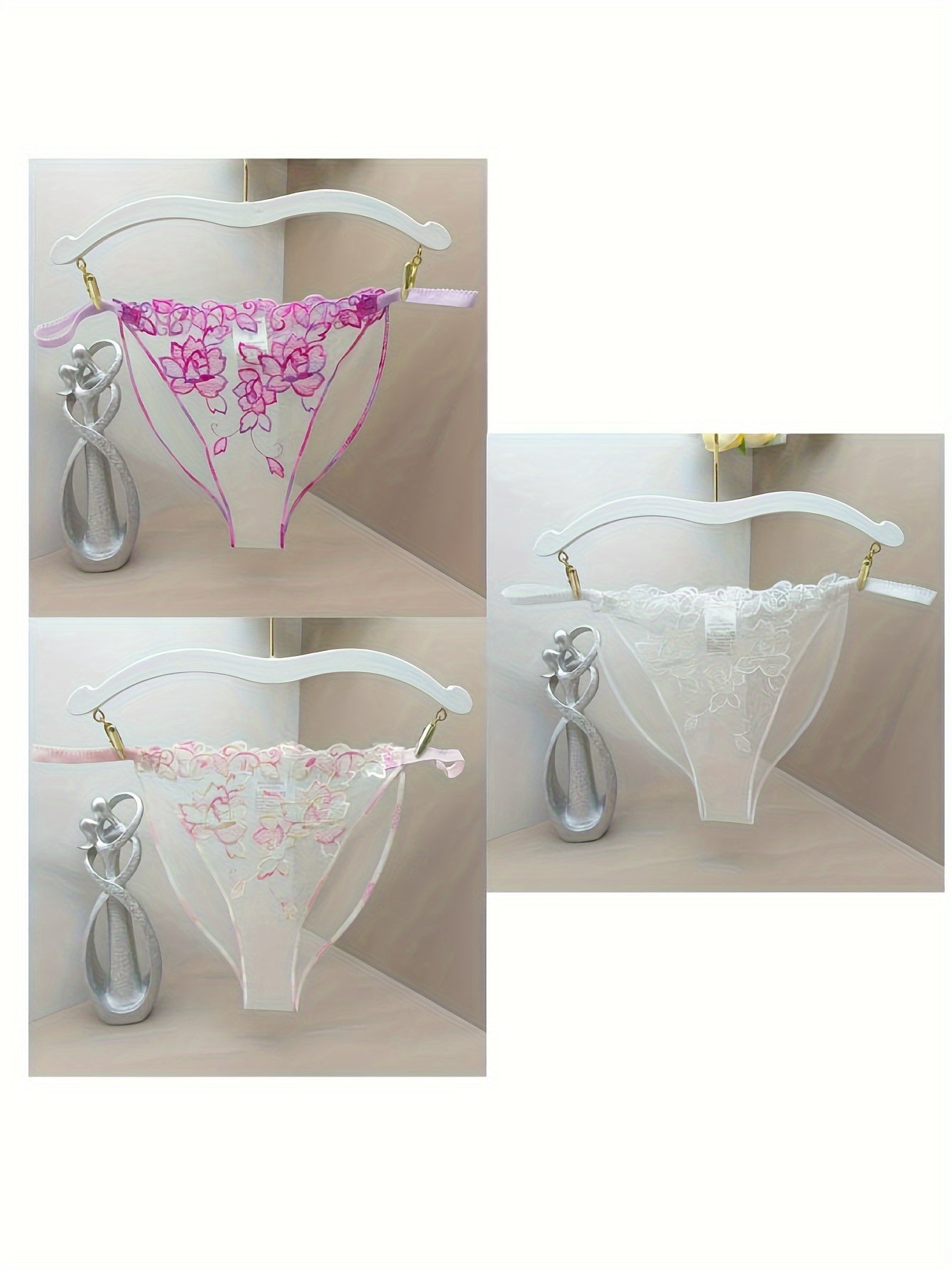 Women's Floral Mesh Panties 3-Pack No Crotch Polyester Spandex Knit Fabric Adult Briefs