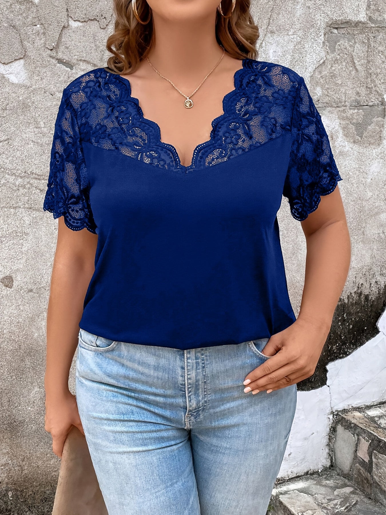 Plus Size Women's T-Shirt Short Sleeve Contrast Lace Trim Spring Summer