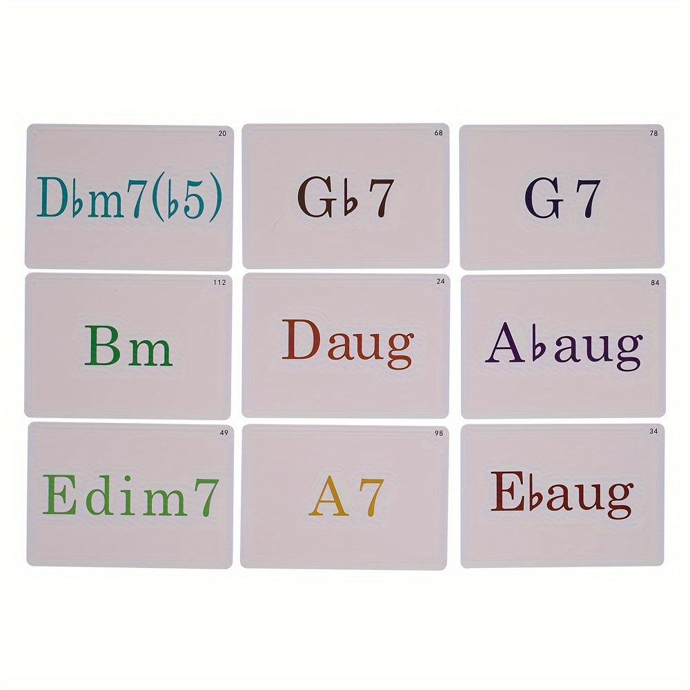 120 ta pianino akordlari uchun rangli kodlash bilan flashkartalar to'plami, 12 ta kalitda 10 ta keng tarqalgan akordni o'z ichiga oladi. Yangi boshlovchilar va musiqa talabalari uchun ideal o'quv vositasi.
