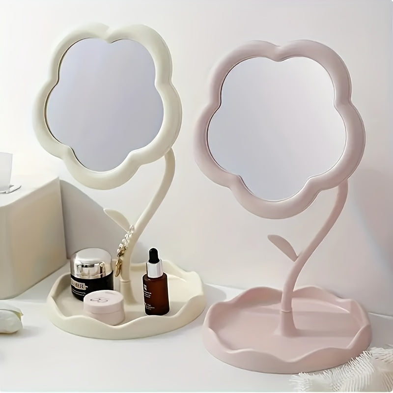 Boxed Cosmetic Mirror with Flower Design High-Definition Glass Adjustable Bracket Dressing Table Decor