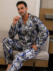 Men's Dragon Totem Print Pajama Set with Pockets Polyester Loose Fit for Spring Summer Fall