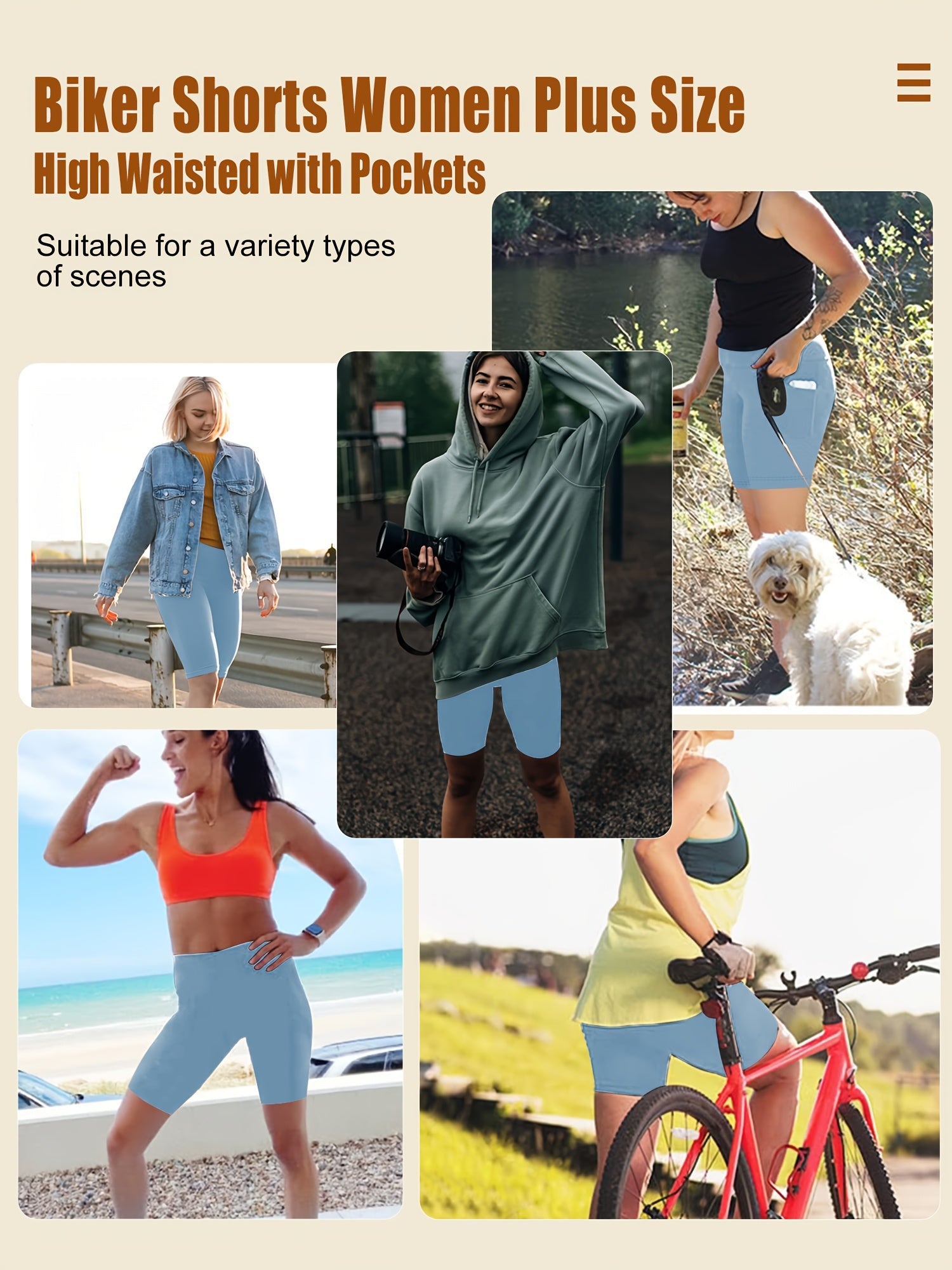 Pantalones cortos de tiro alto con elastano y bolsillos para mujer talla grande para verano