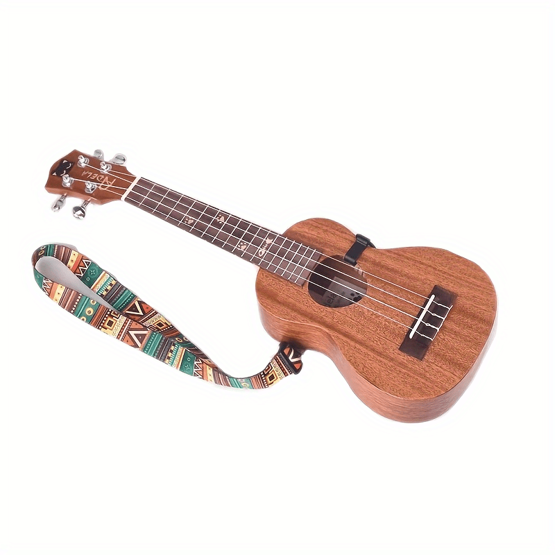Correa de ukelele de inspiración hawaiana colorida con patrones geométricos y colores vibrantes mezclados