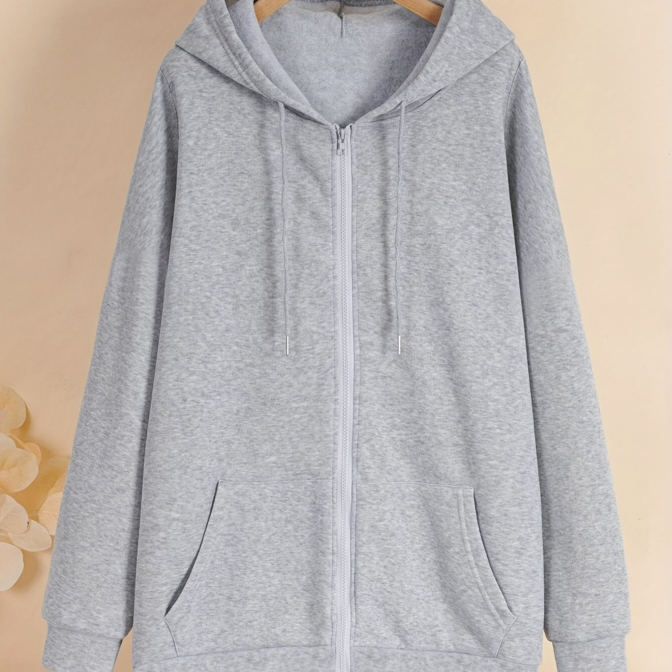 Plus Size Women's Hoodie Zip-Up Sweatshirt Knit Fabric Solid Color Fall Winter