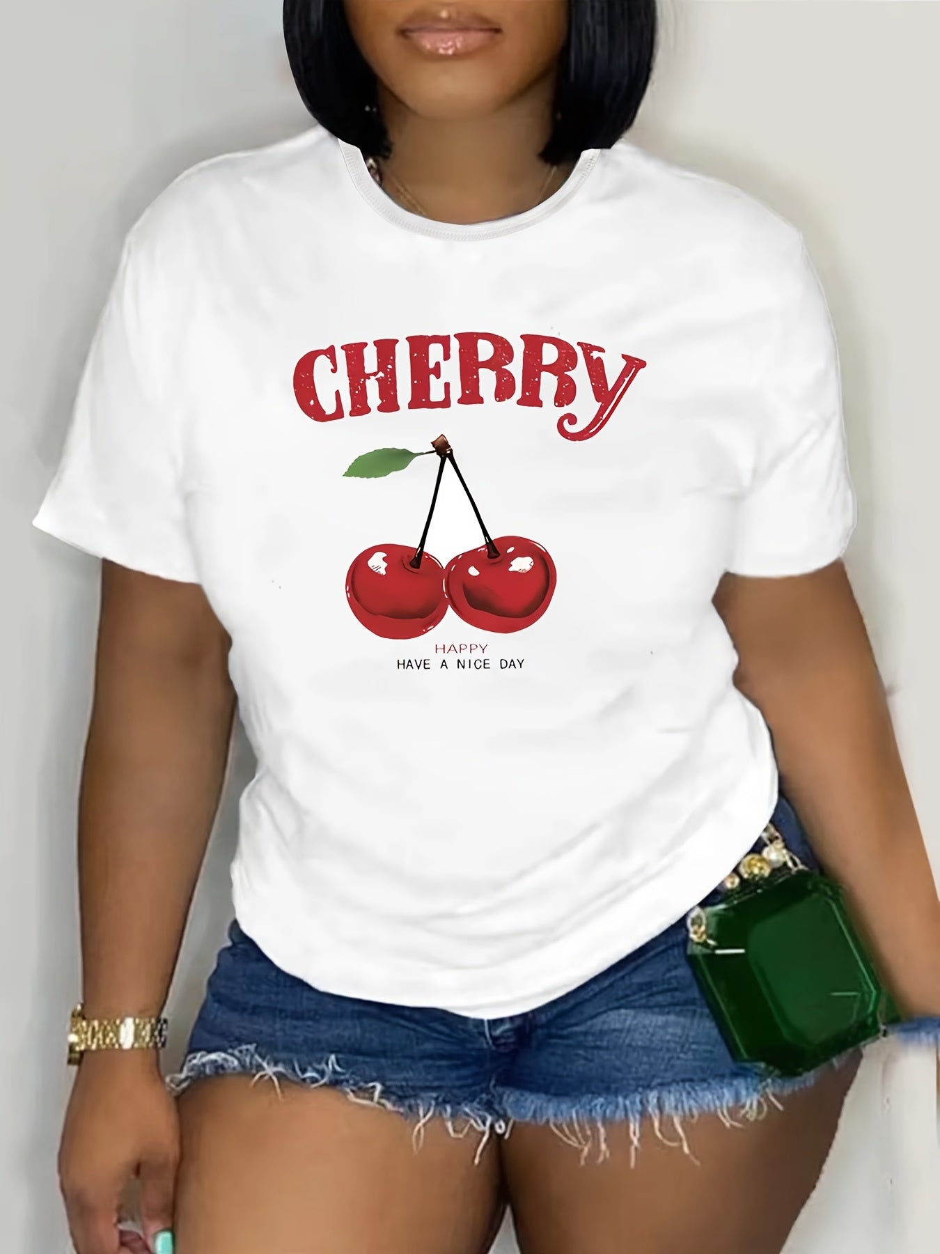 Women's Plus Size White Casual Sporty T-Shirt with Cherry Print