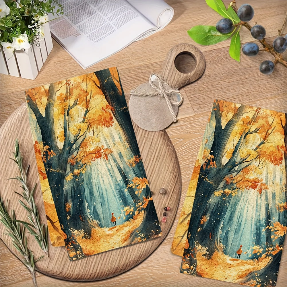 Set of 2 Autumn Forest Kitchen Towels 40x60cm High Absorption Machine Washable