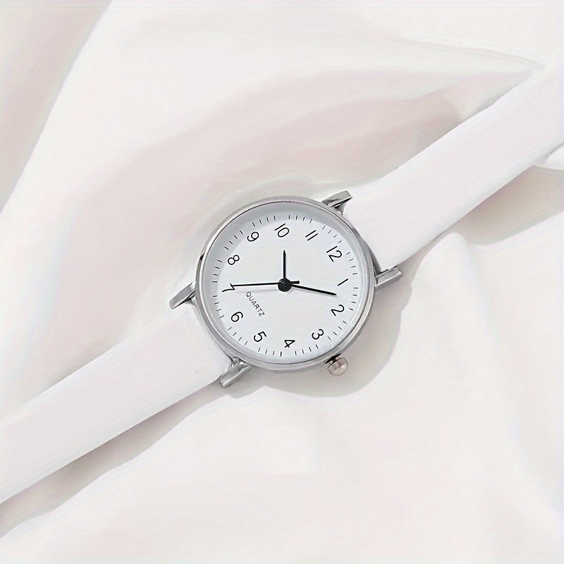 Women's White Quartz Watch and Leaf Open Bracelet Set for Gifting