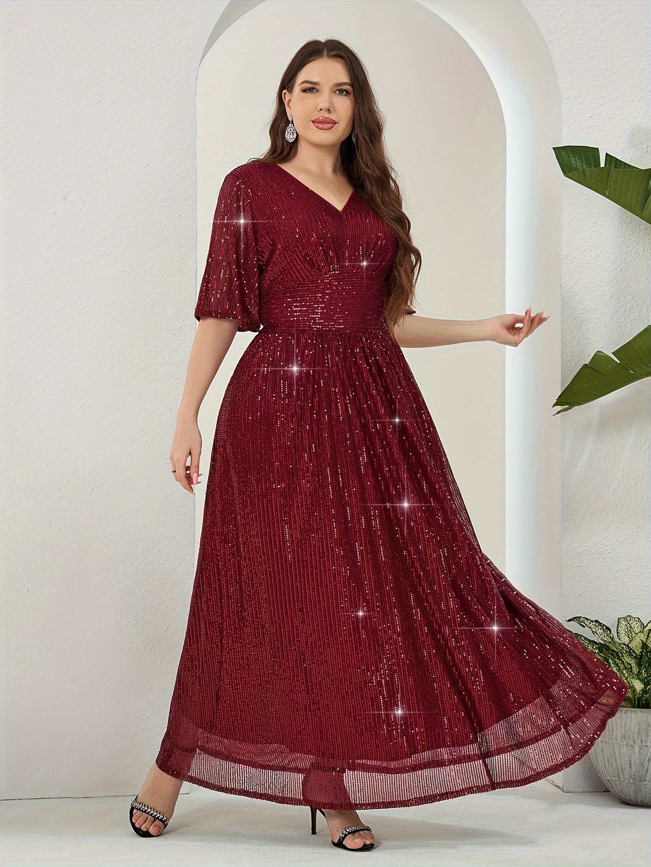 Plus Size Sequin V-Neck Maxi Dress with Half Sleeves and Zipper for All Seasons