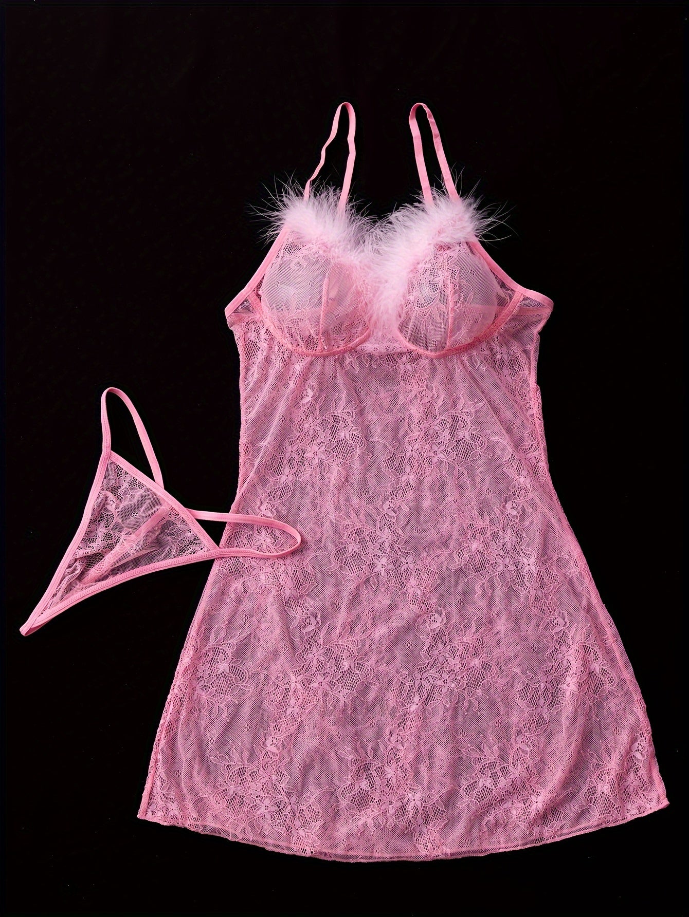 Pink Lace Lingerie Set with Knit Fabric 2-Piece Adult Sleepwear Solid Color