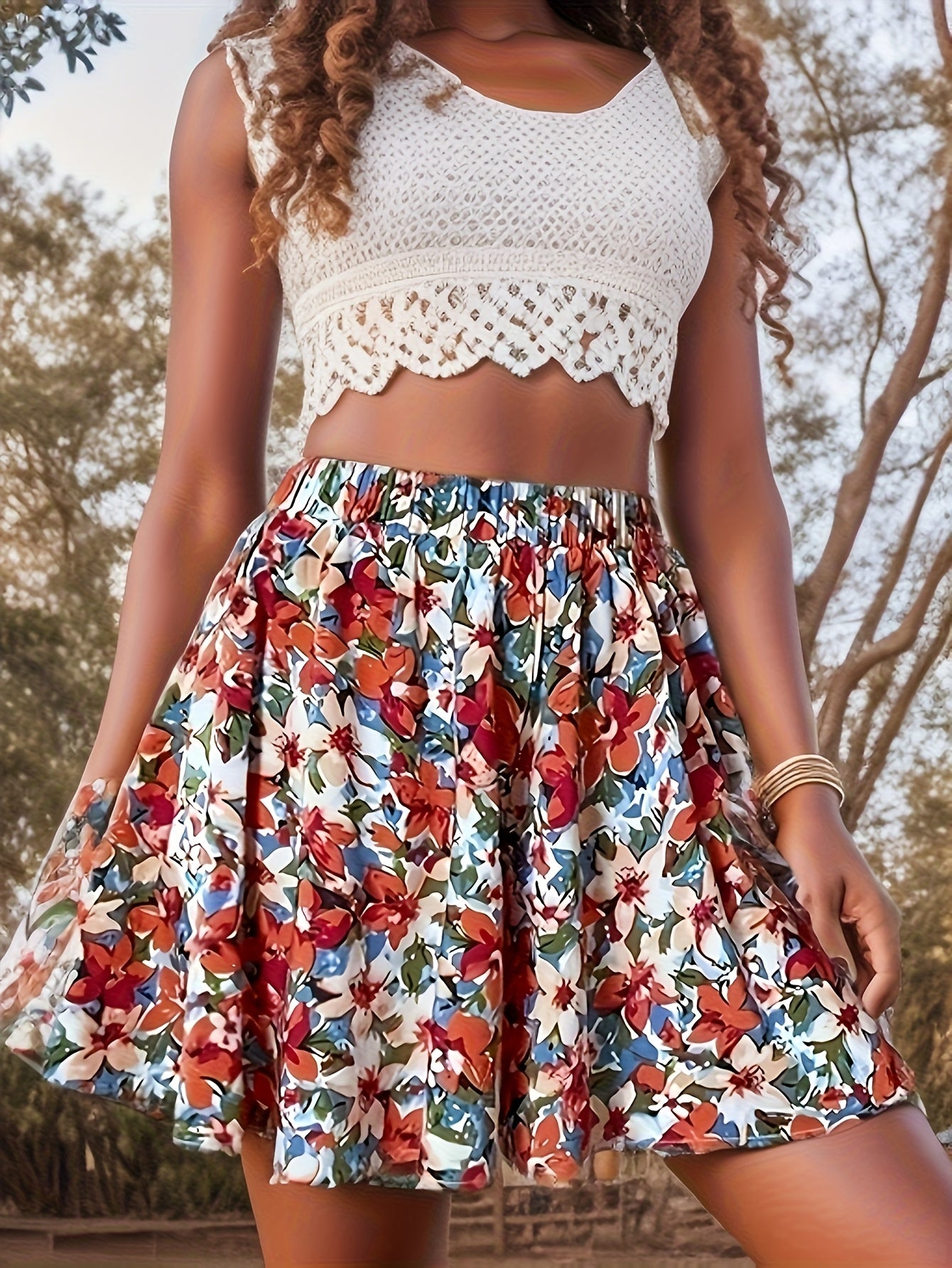 Women's Floral Print Skort, Vibrant Colors, High-Waisted, Spring Summer Fashion