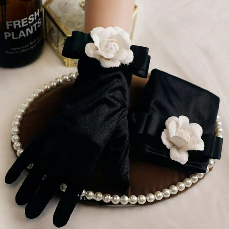 Black Evening Gloves for Women with Floral Cuff Polyester Spandex Blend Elegant Handwear