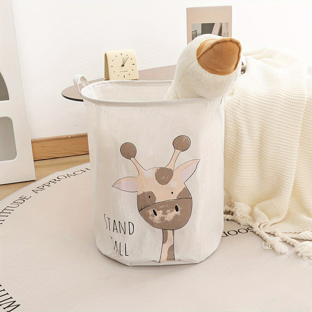 Cesta de almacenamiento plegable con asas y diseño de jirafa cartoon para juguetes, ropa y libros