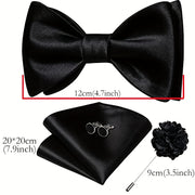 Men's 4-Piece Suit Accessory Set Silk Bow Tie Flower Lapel Pin Cufflinks Handkerchief for Weddings