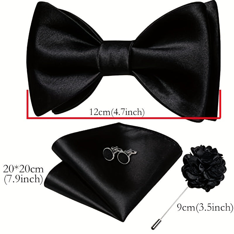 Men's 4-Piece Suit Accessory Set Silk Bow Tie Flower Lapel Pin Cufflinks Handkerchief for Weddings