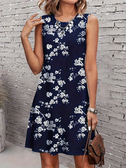 Women's Sleeveless Floral Print Casual Dress with Round Neck and Micro Elastic Polyester for Summer
