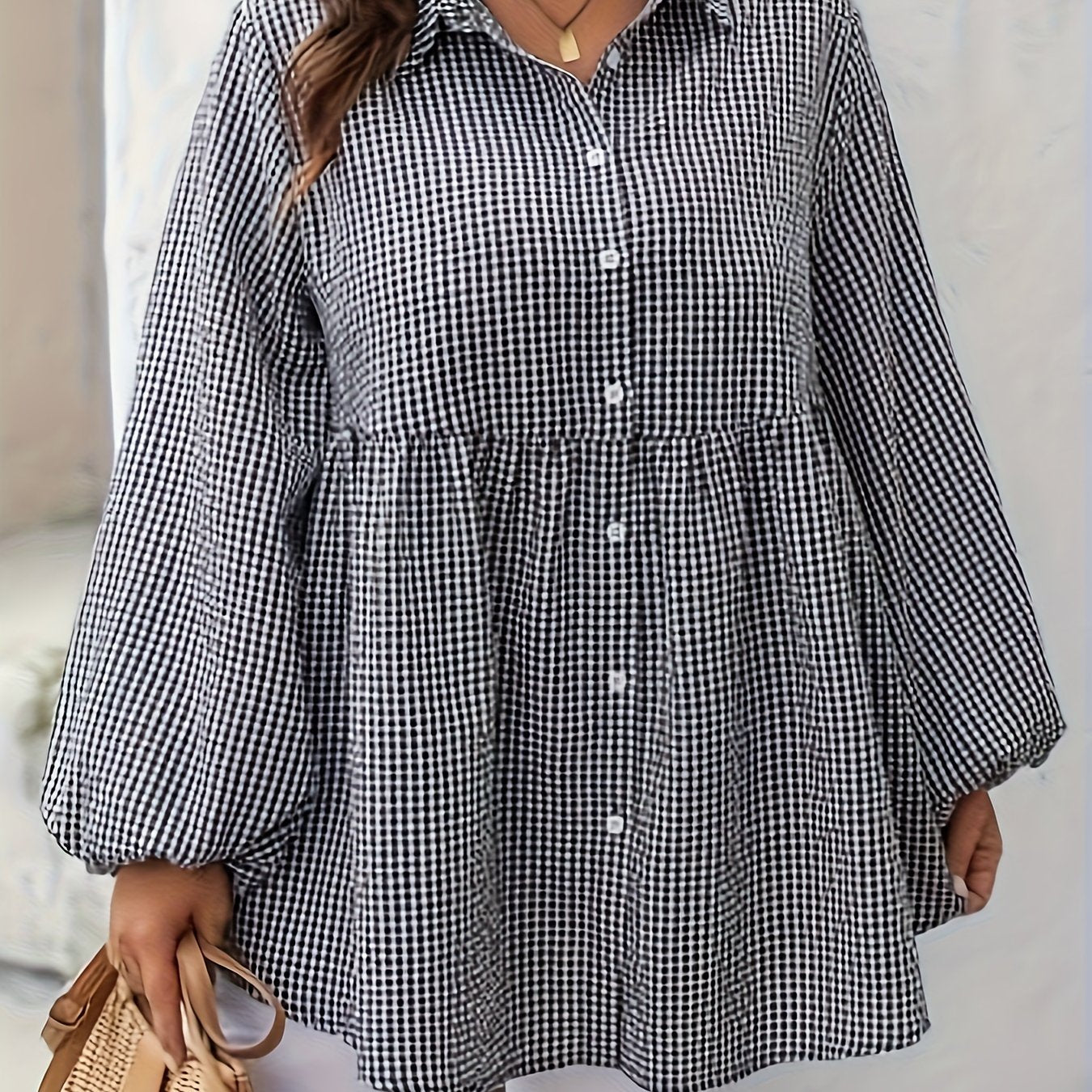 Plus Size Gingham Check Blouse For Women Linen Lantern Sleeve Loose Fit