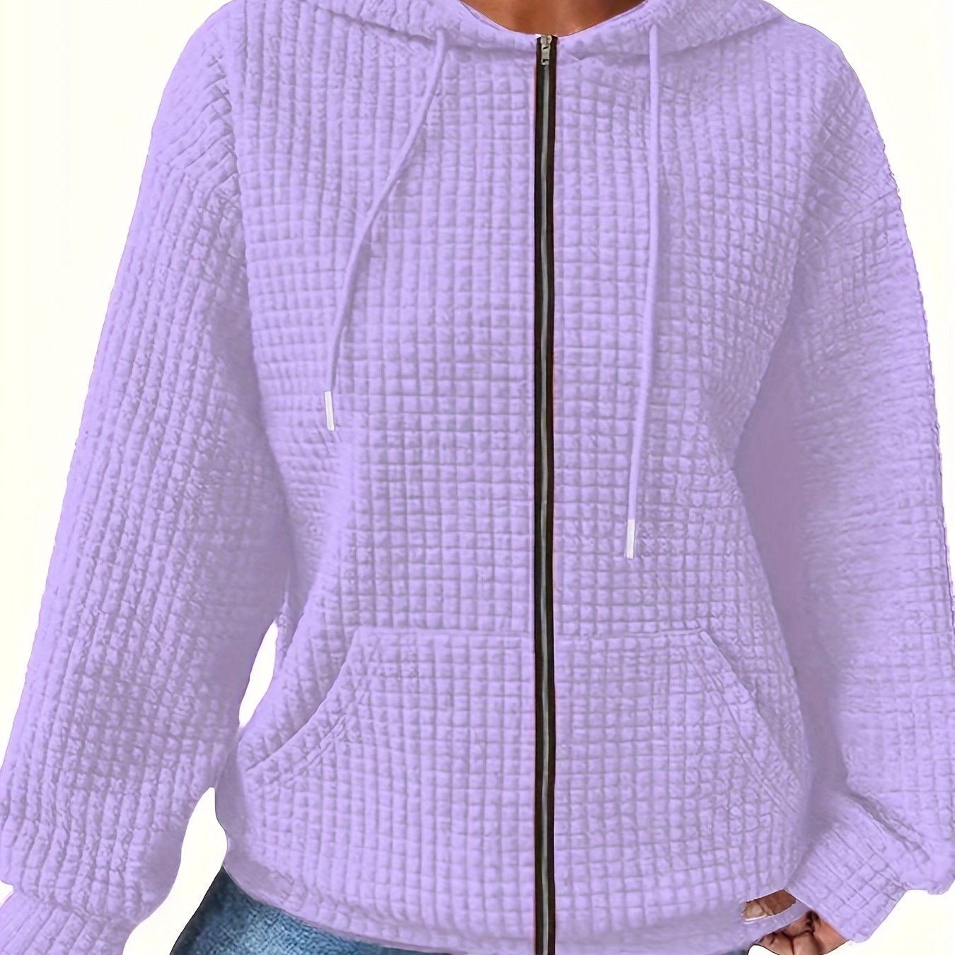 Sudadera con capucha de waffle para mujer talla grande con bolsillos con cremallera y cordón