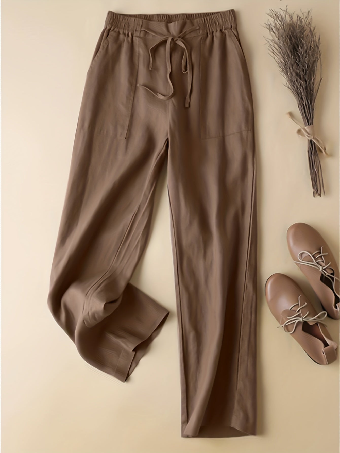 Women's Plus Size Casual Pants with Elastic Drawstring Pockets Solid Polyester