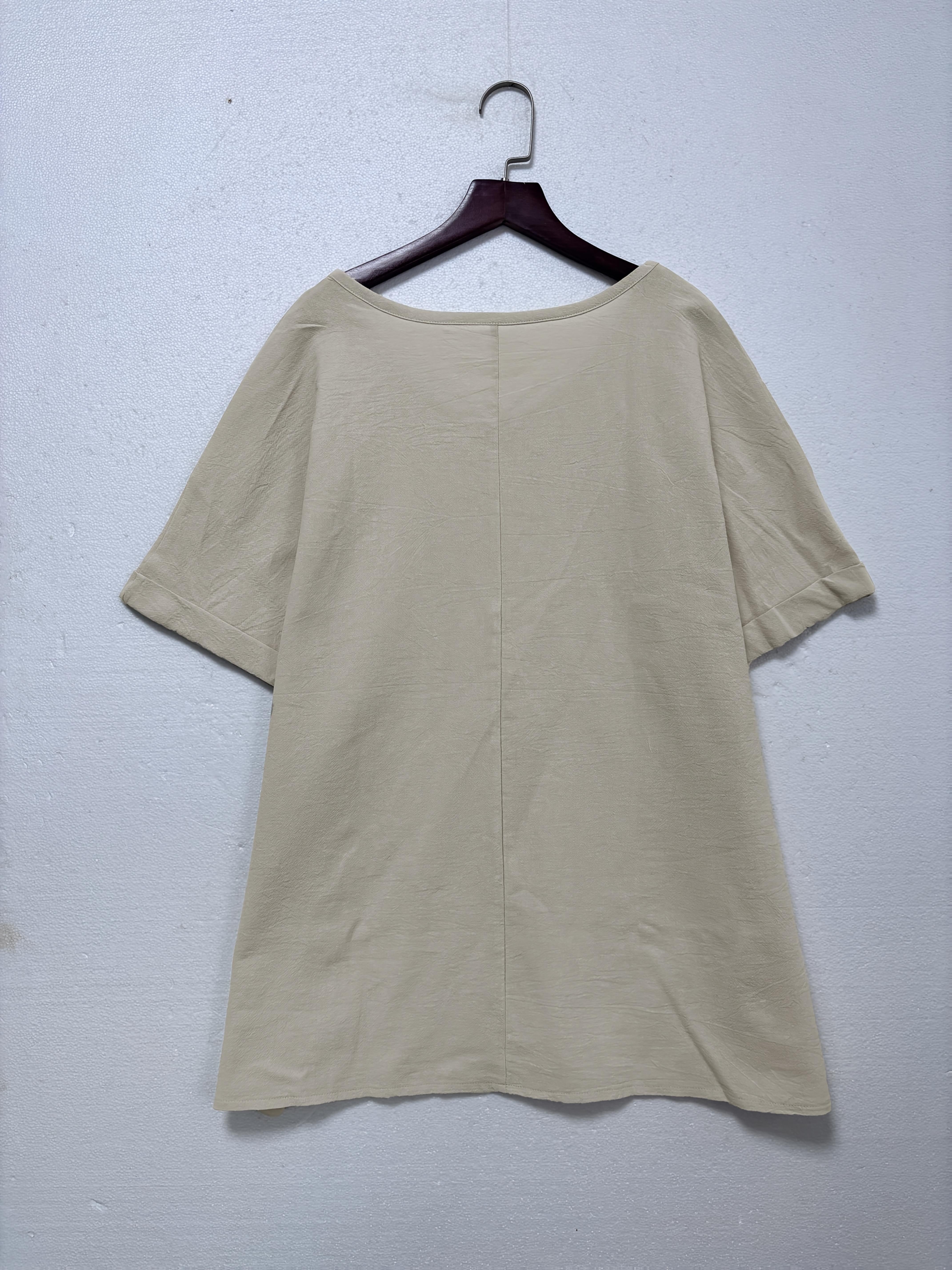 Plus Size Women's V-Neck Loose Fit Casual Blouse Breathable Solid Color Summer Shirt