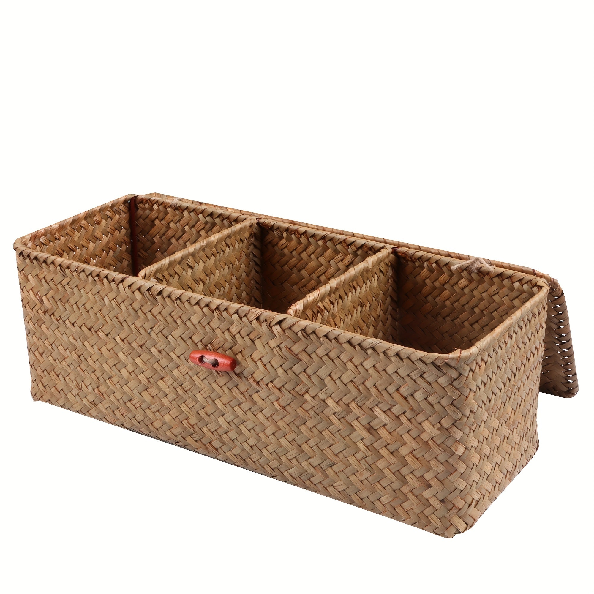 cesta de almacenamiento rectangular de hierba marina con tapa y compartimentos para juguetes, snacks y más
