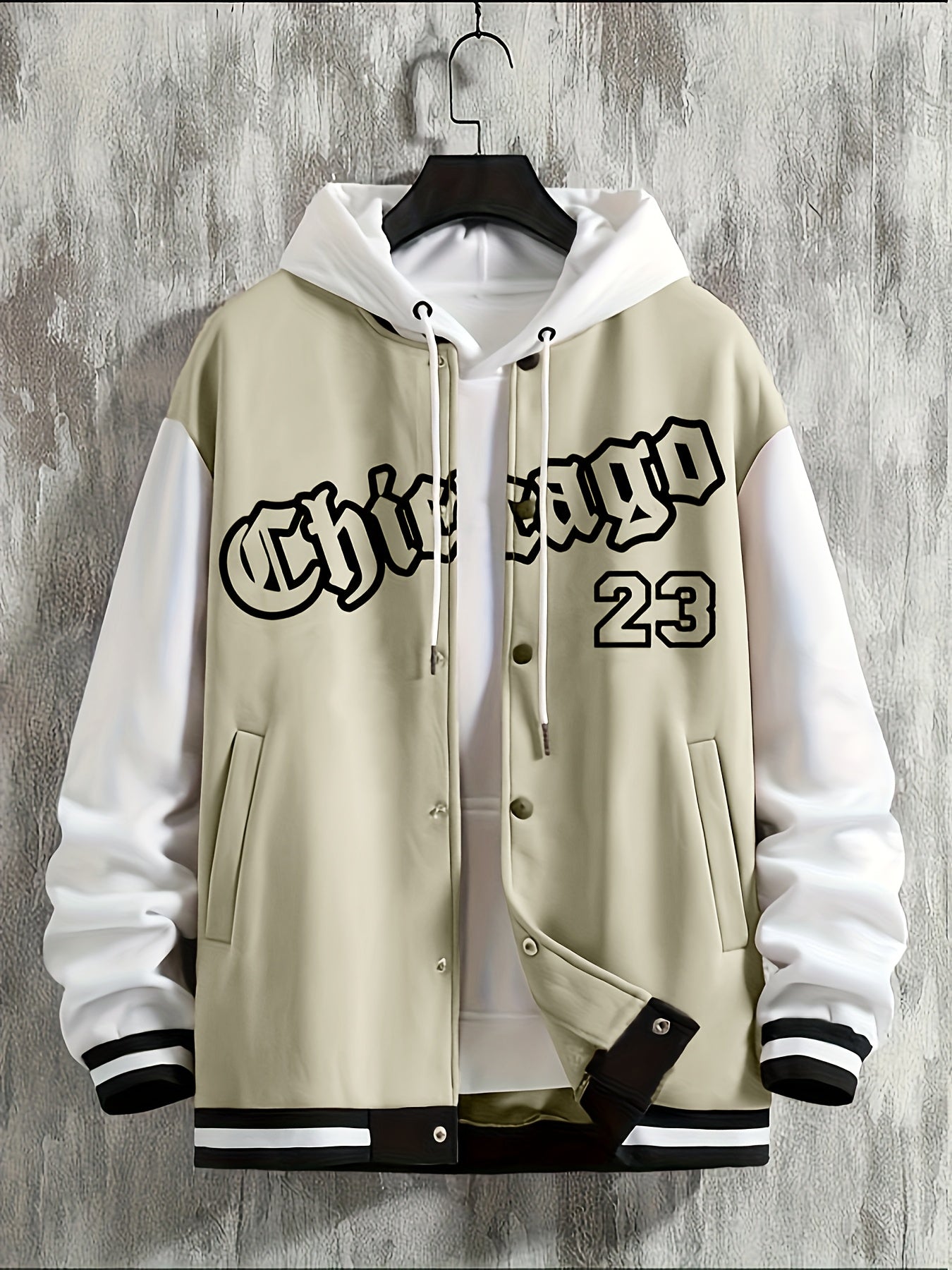 Plus Size Men Baseball Jacket with Band Collar and "CHICAGO" Print for Spring Autumn