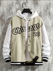 Plus Size Men Baseball Jacket with Band Collar and "CHICAGO" Print for Spring Autumn