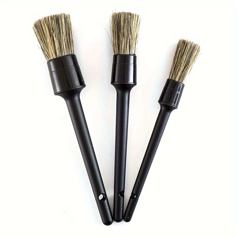 3pcs Natural Boar Hair Car Detailing Brush Set Soft Bristle Exterior Tire Cleaning
