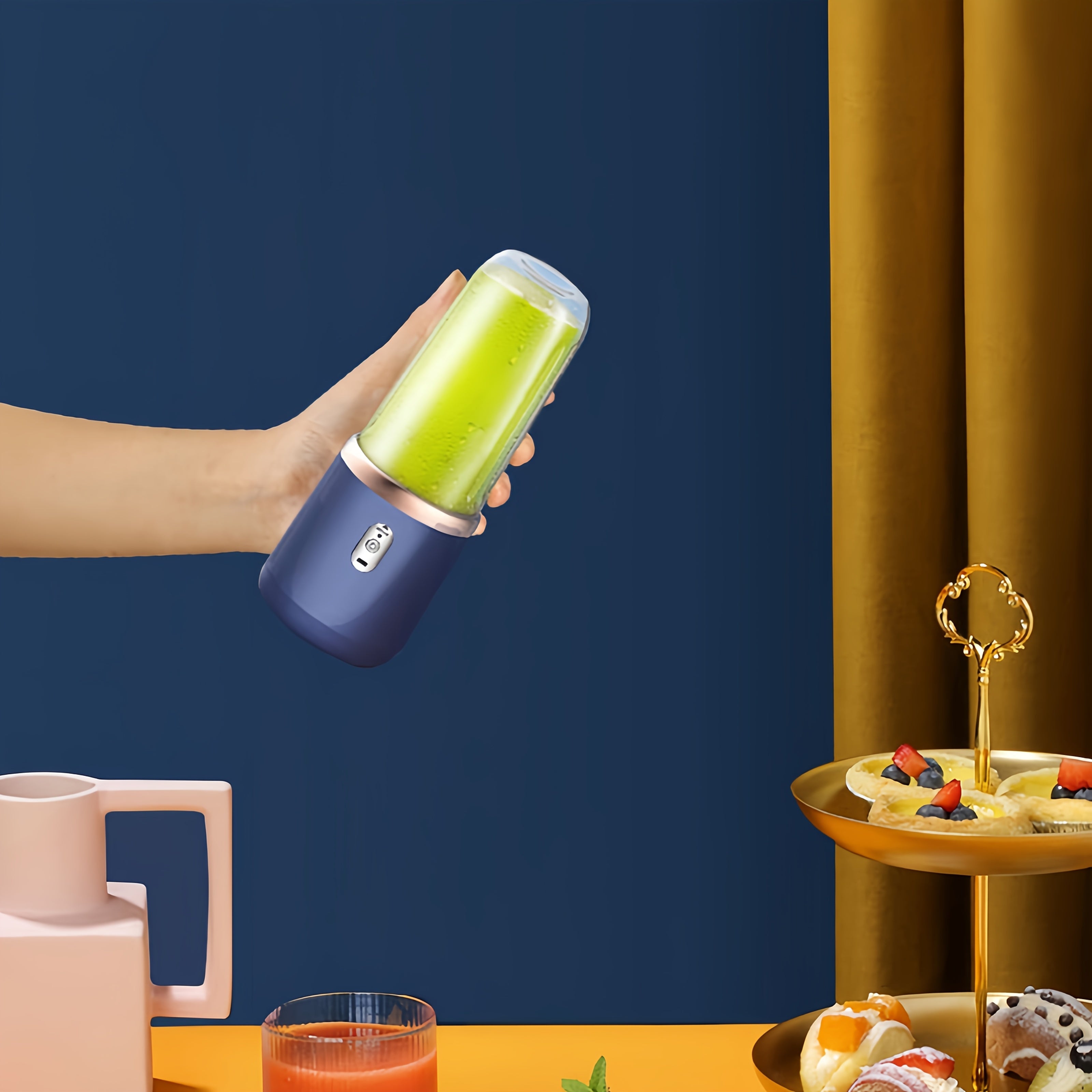 Portativ ikki stakanli sharbat chiqaruvchi, USB orqali quvvatlanadigan batareyali, kichik va bardoshli