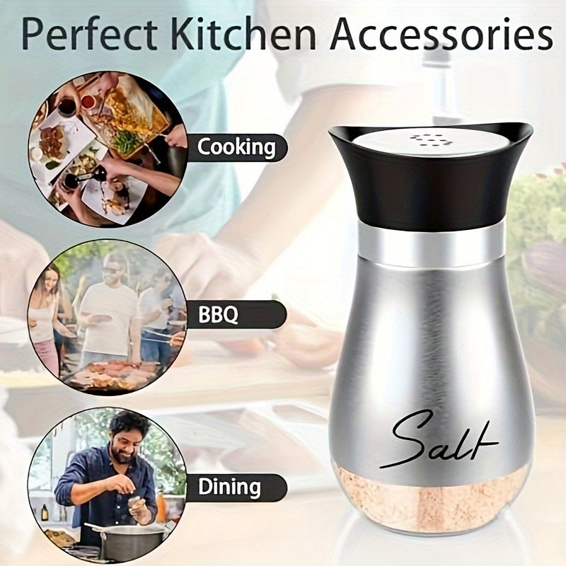 Набор из 4 унциевых стеклянных баночек для соли и перца с крышками из нержавеющей стали, идеально подходящих для кухни, автодома, кемпинга, барбекю. Перезаправляемый дизайн. В наборе две баночки.
