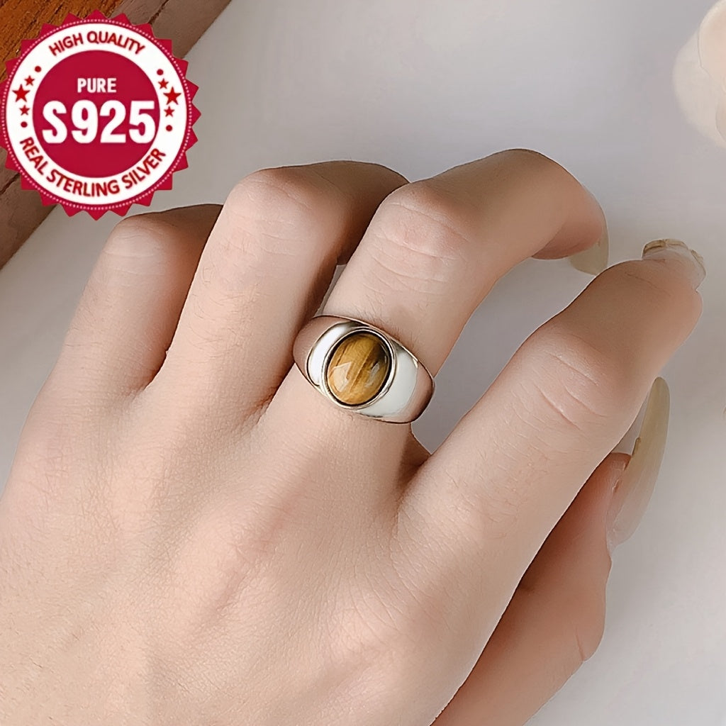 Unisex S925 Silver Ring with Natural Tiger's Eye Stone Jewelry Gift