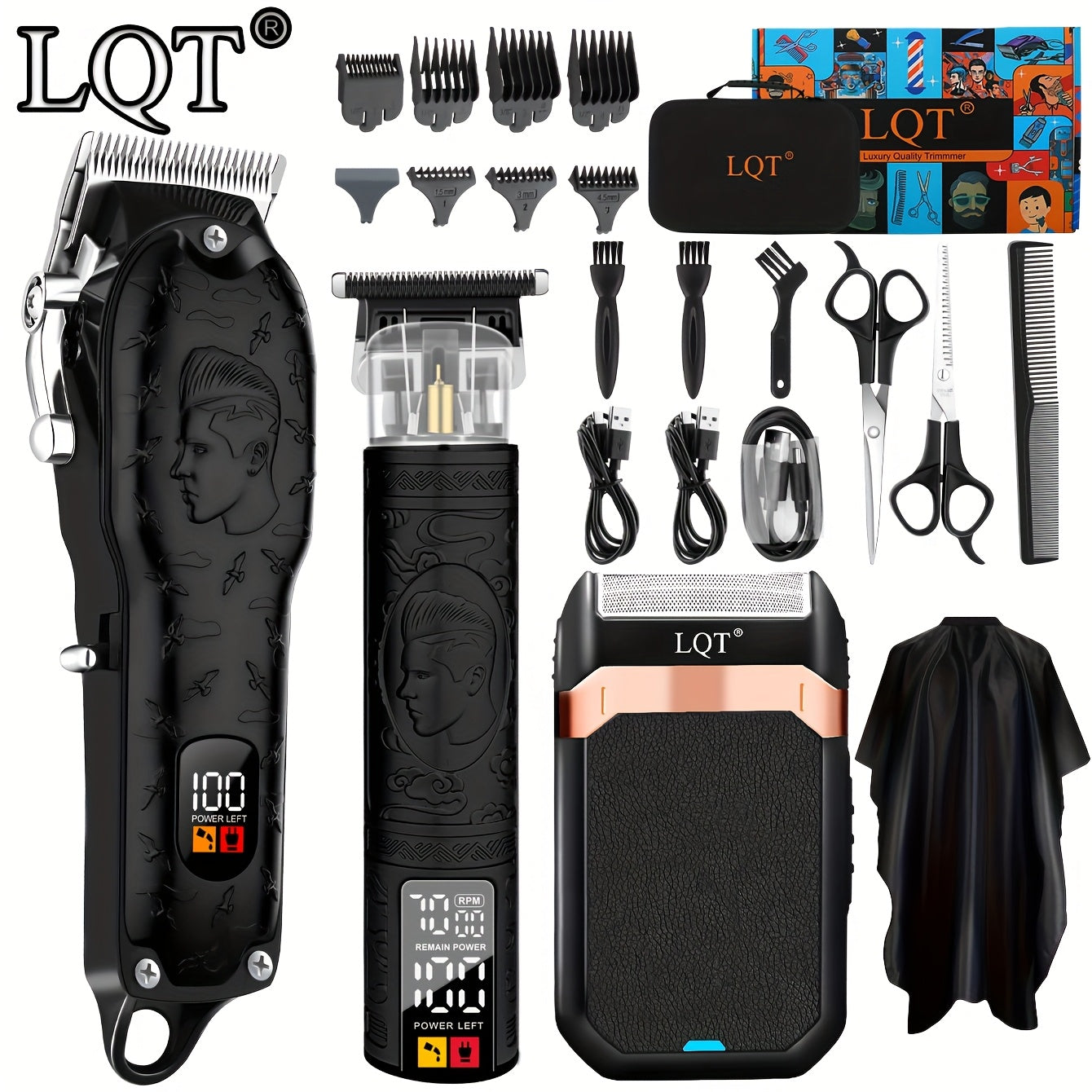 3pcs Men's Hair and Beard Trim Set Cordless Scissors Digital Display USB Rechargeable