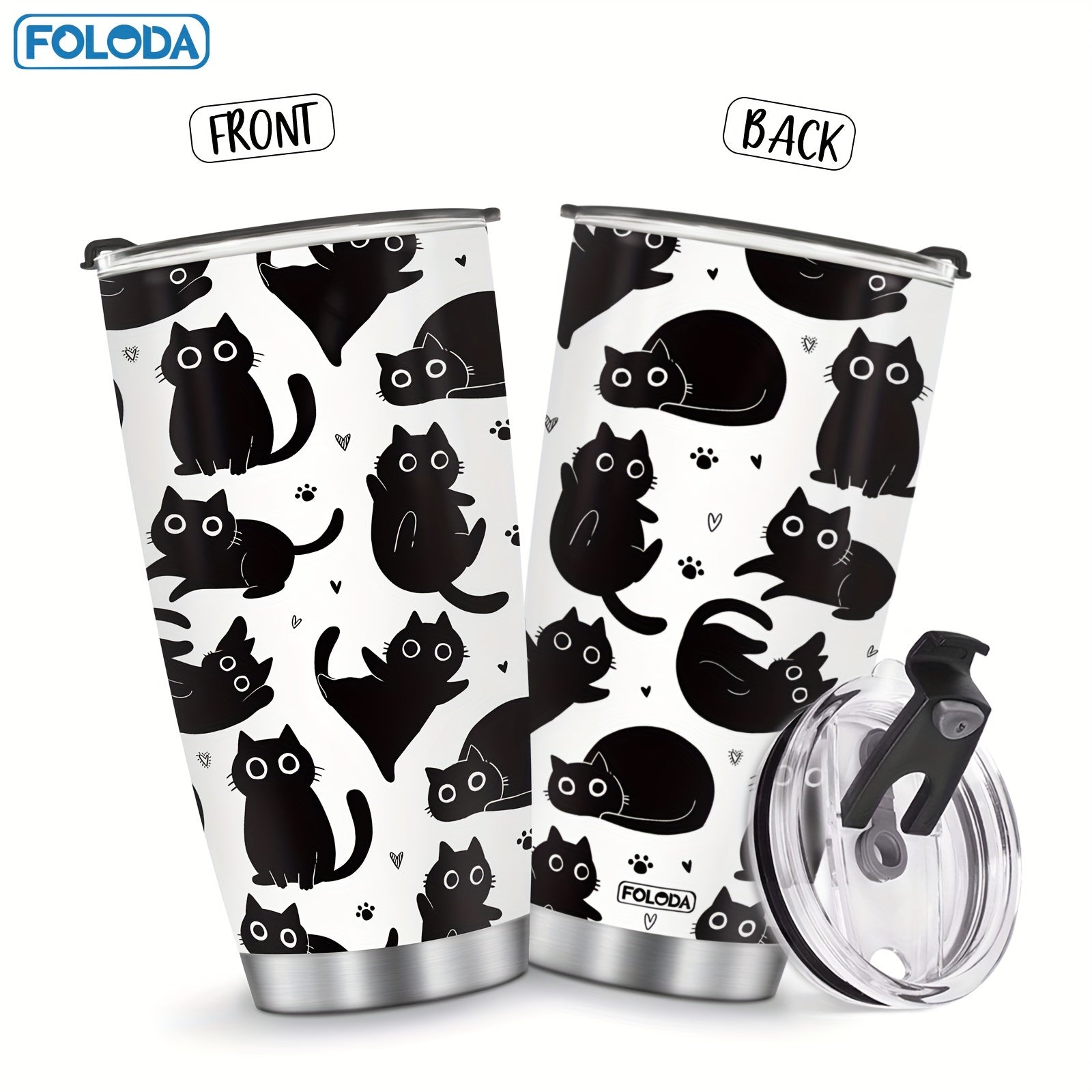 20oz Black Insulated Stainless Steel Tumbler with Lid for Cats and Gifts