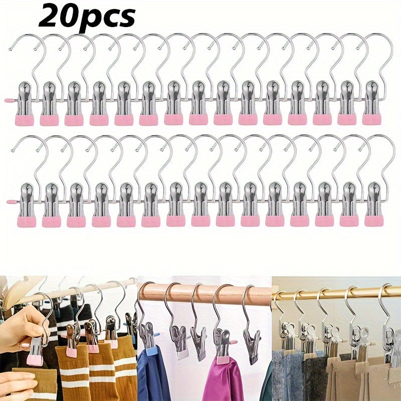 Set of 20 Stainless Steel Multi-Use Clips with Hooks for Laundry and Storage