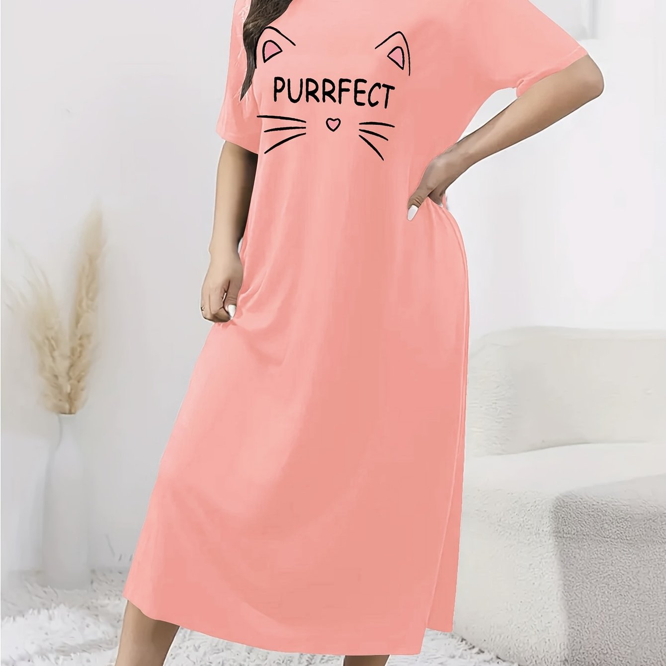 Plus Size Women's Long Sleeve Sleep Dress Cozy Grey Nightgown All-Season Lounge