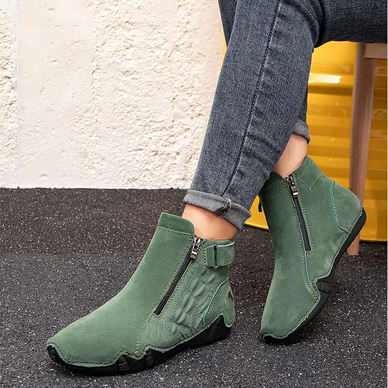 Women's Slip-On Zipper Boots All-Season Outdoor Casual Ankle Shoes Non-Slip Rubber Sole