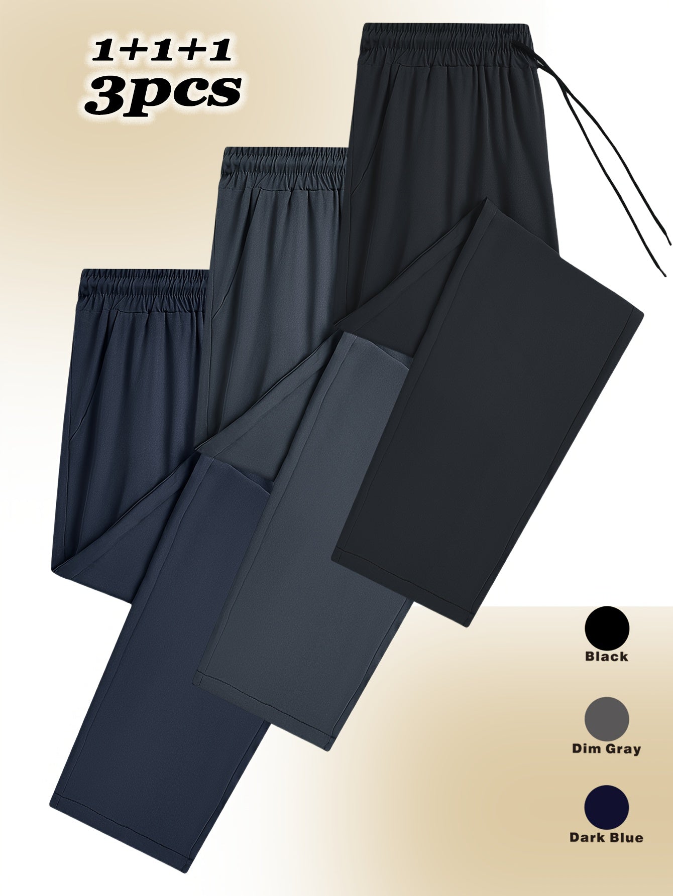 Men's 3-Pack Athletic Casual Pants Polyester Blend Straight Leg Solid Color Drawstring Waist