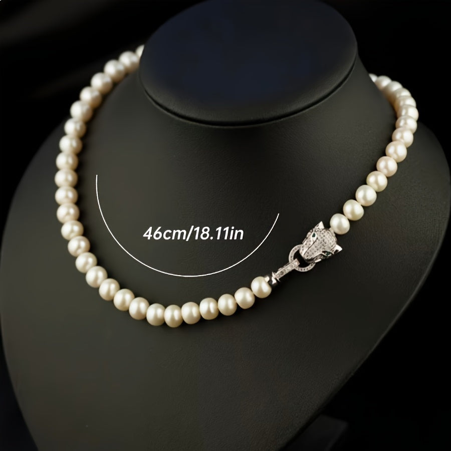 Unisex Pearl Jewelry Set with Leopard Head Clasp and 8-9mm Freshwater Pearls