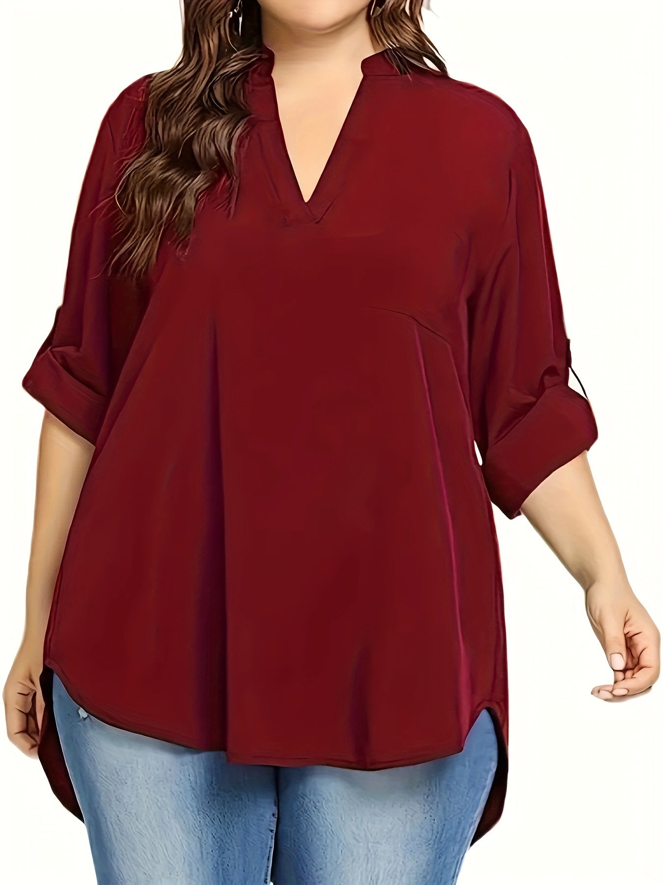 Plus Size V-Neck Long Sleeve Blouse for Spring and Fall Solid Polyester