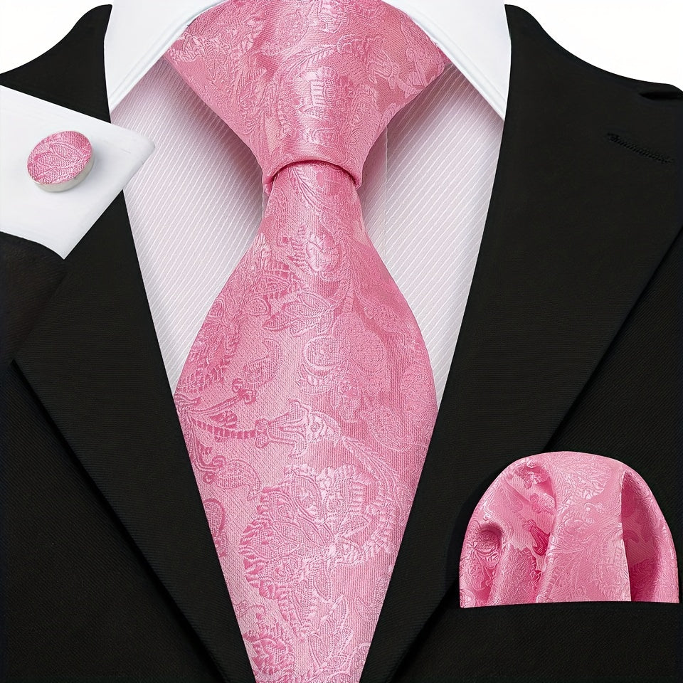 Men's Floral Woven Tie Set with Cufflinks and Handkerchief for Wedding or Formal Events